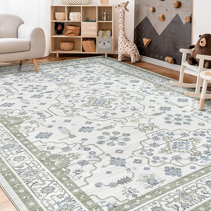 Area Rug 8x10 for Living Room - Washable Oriental Vintage Floral Distressed Large Indoor Carpets with Non Slip Back for Bedroom Dining Room Nursery Office Home Decor -Light Green
