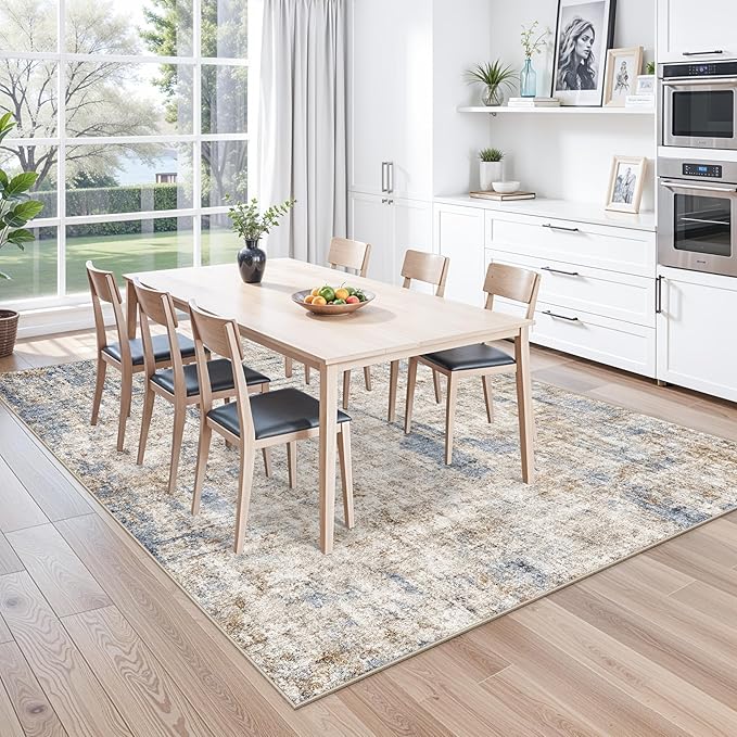 Washable 8x10 Area Rug – Modern Neutral Abstract Soft Non-Slip Stain-Resistant Low Pile Thin Carpet for Living Room Bedroom Dining Room Under Table Home Office(Blue Brown)