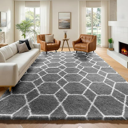ONASAR 6x9 Area Rugs for Living Room Bedroom, Large Fluffy Grey and White Throw Rug, Geometric Soft Plush Shaggy Floor Carpet for Nursery Kids Girls Boys Teen Dorm Home Decor Aesthetic