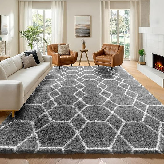 ONASAR 6x9 Area Rugs for Living Room Bedroom, Large Fluffy Grey and White Throw Rug, Geometric Soft Plush Shaggy Floor Carpet for Nursery Kids Girls Boys Teen Dorm Home Decor Aesthetic