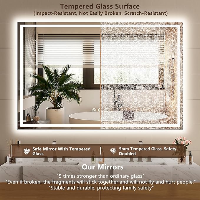 60x36 Inch LED Lighted Bathroom Mirror - Anti-Fog Vanity Mirror with Dimmable Front & Backlit, 3 Color Temp, Smart Memory - Shatterproof HD Glass, IP54 Waterproof Wall Mounted for Makeup Shaving