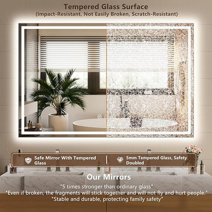 60x36 Inch LED Lighted Bathroom Mirror - Anti-Fog Vanity Mirror with Dimmable Front & Backlit, 3 Color Temp, Smart Memory - Shatterproof HD Glass, IP54 Waterproof Wall Mounted for Makeup Shaving