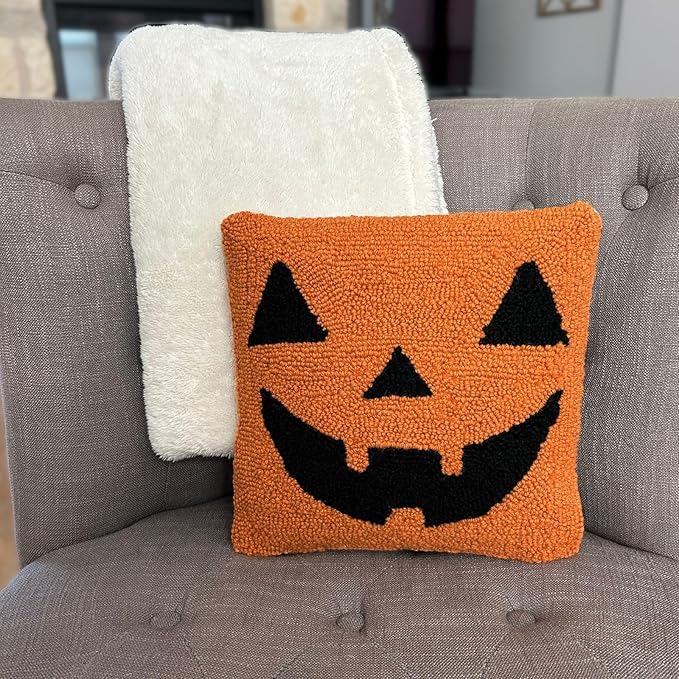 Hand Hooked Halloween Pillow - 12X12 inches Throw Pillow for Couch or Dorm (Jack O Lantern)