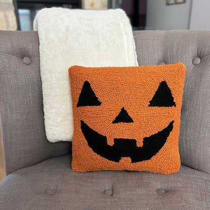 Hand Hooked Halloween Pillow - 12X12 inches Throw Pillow for Couch or Dorm (Jack O Lantern)