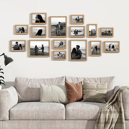 Venusmiles 15 Pack Picture Frames Collage Wall Decor, Gallery Frame Set for Wall Mounting or Tabletop Display, Multi Sizes Including 3pcs 8x10, 6pcs 5x7, 6pcs 4x6, Oak