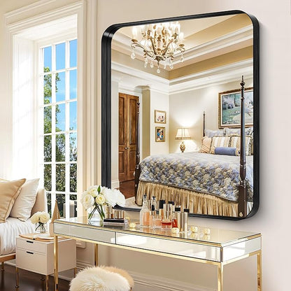 CIRCUMI Black Bathroom Mirror, 40"x48" Rectangular Mirror with Deep Metal Frame, Rounded Corner, Tempered Glass, Large Mirror for Wall, Over 2 Sinks, Installed Vertically/Horizontally, Crystal-Clear