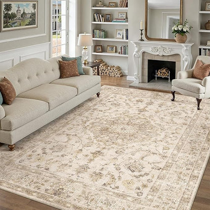 PureCozy 5x7 Beige Area Rug Washable Living Room Vintage Carpet Bedroom Distressed Non Slip Low Pile Thin Dining Room Office Medallion Accent Throw Rug