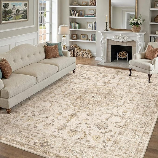 PureCozy 5x7 Beige Area Rug Washable Living Room Vintage Carpet Bedroom Distressed Non Slip Low Pile Thin Dining Room Office Medallion Accent Throw Rug