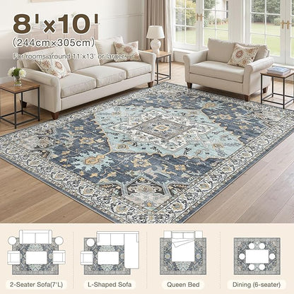 8x10 Washable Area Rugs for Living Room: Non Slip Vintage Blue Yellow Rug, Large Soft Stain Resistant Indoor Floor Carpets for Bedroom Dining Room Nursery Home Office Kid & Pet Friendly