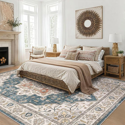 Area Rug 10x14 Washable Vintage - Soft Traditional Rug for Living Room Bedroom Dining Room or Home Office -Non Slip Backing Large Rugs with Low Pile Farmhouse Oriental Retro Carpet - Blue