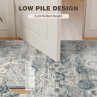 6x9 Area Rugs for Living Room, Machine Washable Non Slip Vintage Rug, Non-Slip Stain Resistant, Large Soft Home Decor Rug for Bedroom Dining Room (Blue/Grey,6'x9')