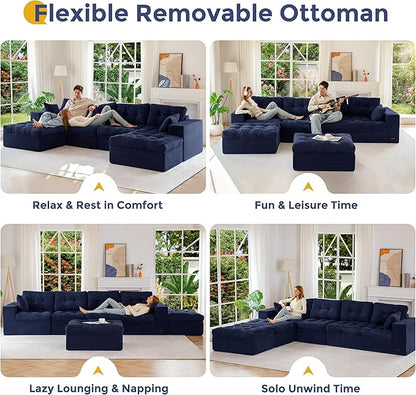MAXYOYO 132" U Shaped Modular Sectional Sofa with 2 Ottomans, Cloud Boneless Couch with Layered Cushion, Flexible Module Combination Sofa for Living Room, No Assembly Required, Navy