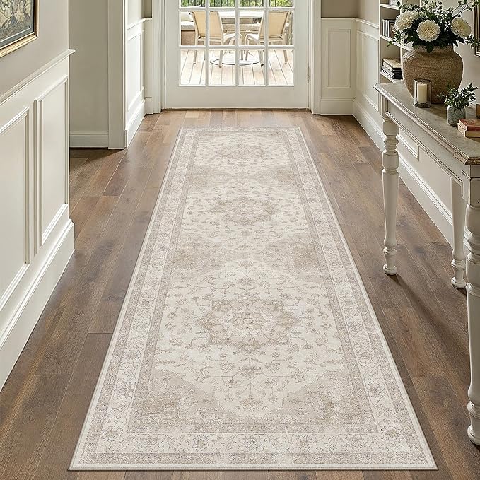 PureCozy Beige Runner Rug 2'6"x12' Washable Vintage Carpet Hallway Kitchen Soft Retro Low Pile Thin Indoor Bedroom Non Slip Oriental Medallion Long Throw Rug for Bathroom Laundry Dining Room
