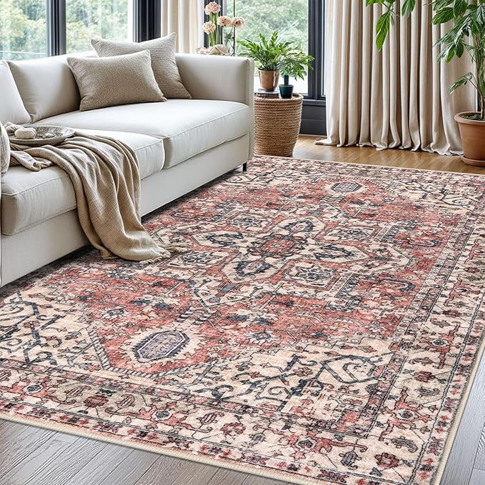 KOZYFLY Boho Area Rug 5x7 Ft Thin Washable Rugs for Living Room Faux Wool Throw Carpet Printed Non Slip Rug for Entryway Bedroom Dining Room Living Space, Red Salmon/Pink/Navy