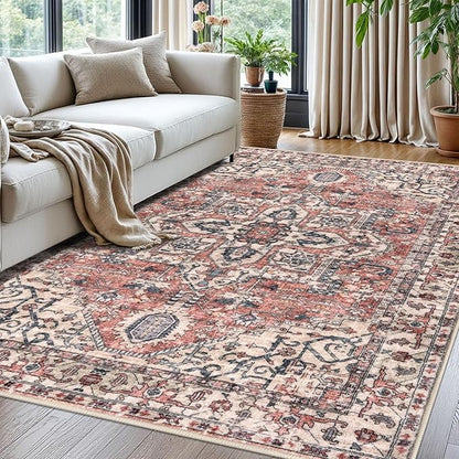 KOZYFLY Boho Area Rug 5x7 Ft Thin Washable Rugs for Living Room Faux Wool Throw Carpet Printed Non Slip Rug for Entryway Bedroom Dining Room Living Space, Red Salmon/Pink/Navy