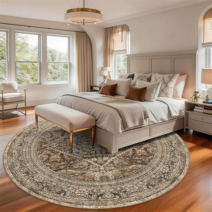 Large Round Rug 6ft: Vintage Round Area Rugs for Living Room Bedroom Office Study Room - Soft Non-Slip Circle Carpet 6' - Oriental Dark Brown