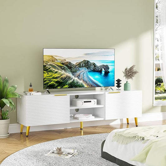 Modern TV Stand for 55/60/65 Inch TV, Entertainment Center with Storage Cabinet and Open Shelves, Media Console Table for Living Room, Bedroom, White & Gold