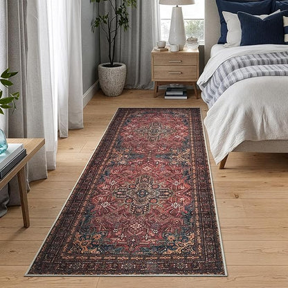 Bloom Rugs Washable Non-Slip 12 ft Runner - Red/Teal Blue/Yellow Traditional Medallion Runner for Entryway, Hallway, Bathroom, and Kitchen - Exact Size: 2.5' x 12'