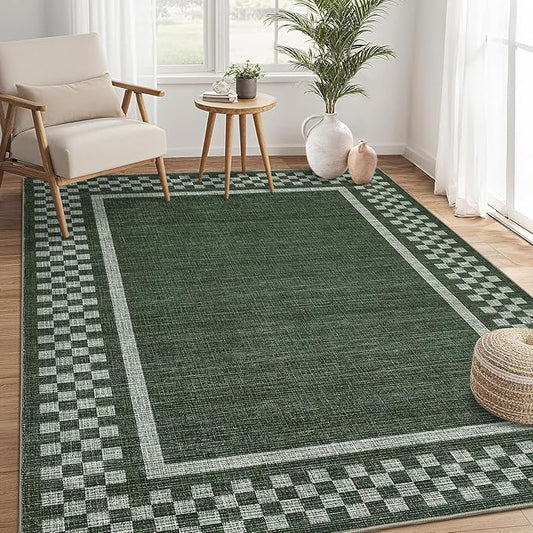 GarveeHome Washable Area Rug 4x6 Small Living Room Rugs Modern Bordered Soft Dining Room Throw Carpet Low Pile Non Slip Checkered Bedroom Rug Geometric Carpet for Nursery Kitchen Home Office, Green