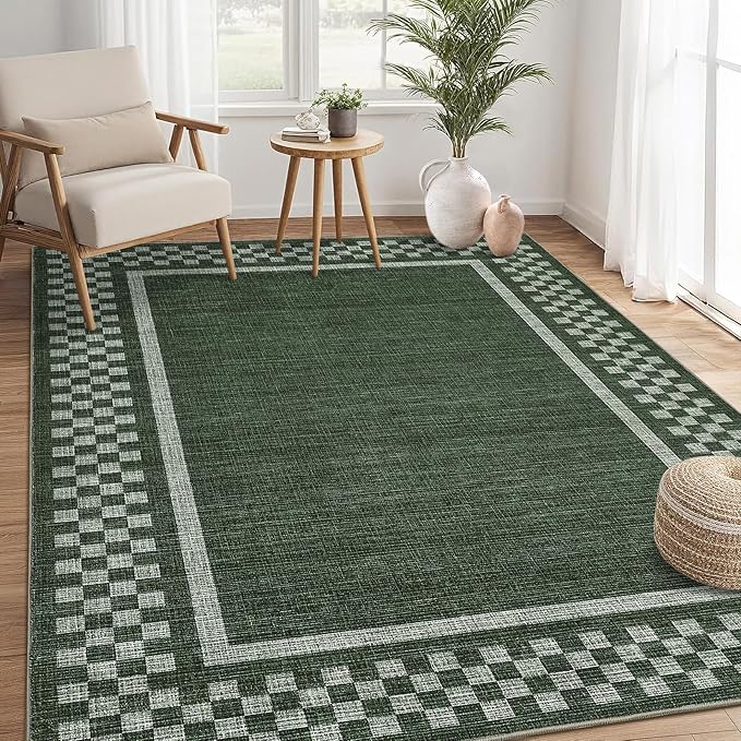 GarveeHome Area Rug 9x12 Living Room Rug Modern Bordered Soft Large Area Rugs for Bedroom Washable Checkered Dining Room Throw Carpet Non Slip Stain Resistant Geometric Rugs for Home Office, Green