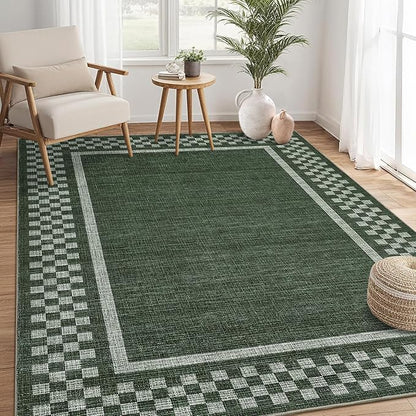 GarveeHome Modern Bordered 8x10 Area Rugs for Living Room Bedroom Soft Washable Large Bedroom Throw Carpet Non Slip Checkered Geometric Rugs for Dining Room Home Decor Office, Green