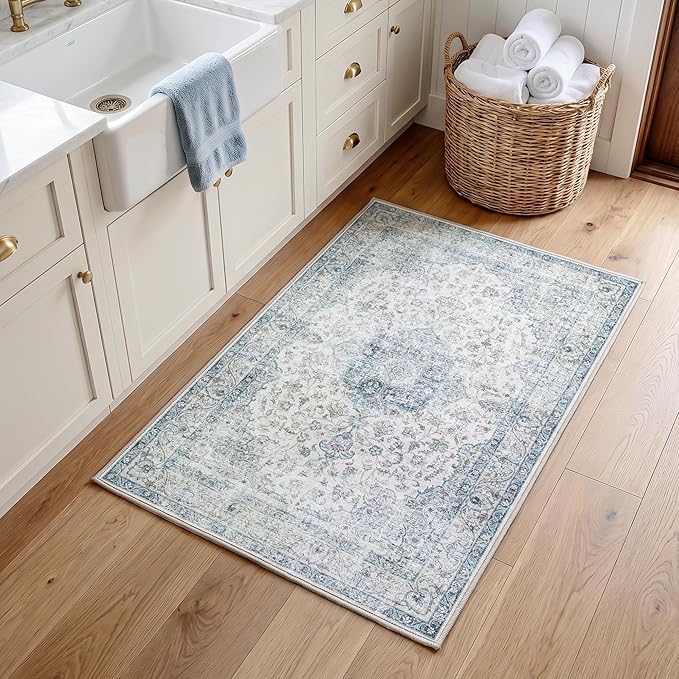 Entryway Rug 2x3 Blue Washable Vintage Entryway Area Rug Distressed Oriental Neutral Non Slip Low Pile Door Mat Soft Retro Small Throw Thin Indoor Carpet for Entry Entrance Kitchen Bathroom Bedroom