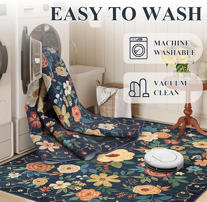 DUKINO Washable Runner Rug 2x12, Ultra Soft Floral Runner Rug for Hallway, Boho Non Slip & Non Shedding Indoor Entryway Carpet for Kitchen, Laundry Room, Bathroom, Bedroom, Entrance, Navy Blue