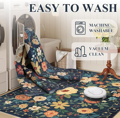 DUKINO Runner Rug, 2.6x8 Kitchen Rug for Hallway with Non Slip Backing, Washable Low Pile Soft Boho Floral Runner Carpet for Hallway, Kitchen, Entryway, Laundry, Bedroom, Dark Blue