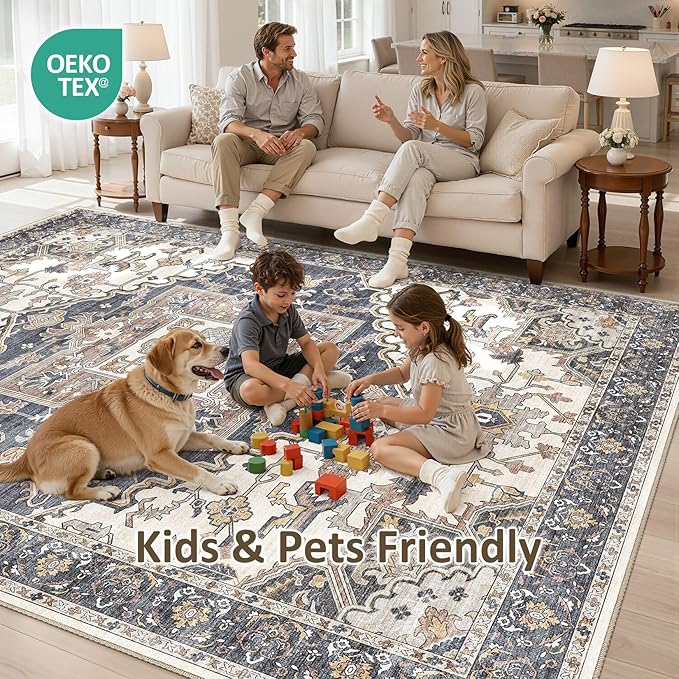 8x11 Washable Area Rugs for Living Room: Non Slip Vintage Blue Beige Rug, Large Soft Stain Resistant Indoor Floor Carpets for Bedroom Dining Room Nursery Home Office Kid & Pet Friendly