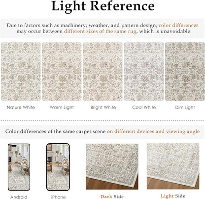 PureCozy Taupe Area Rug 8x10 Machine Washable Large Vintage Living Room Distressed Non Slip Carpet Traditional Indoor Bedroom Retro Floral Accent Throw Rug for Office Kitchen Dining Room