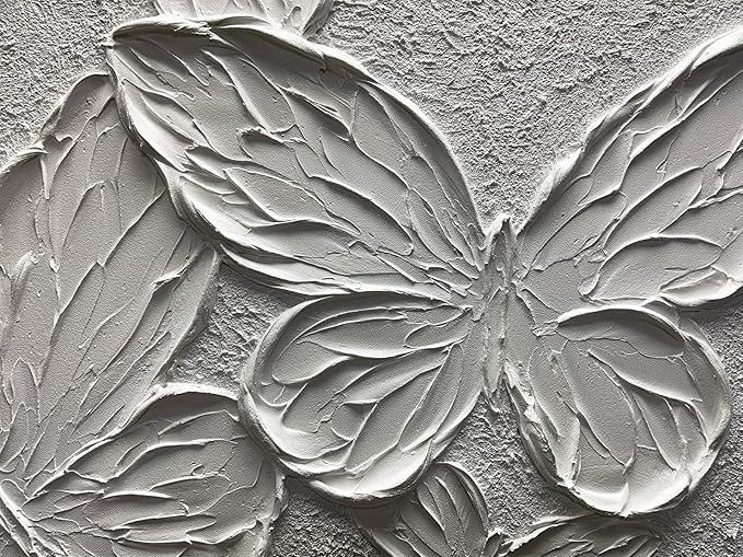 Boiee Art,30x45Inch Handmade Textured Acrylic Canvas Wall Art Creamy White Butterfly Paintings Abstract Decorative Artwork Stretched and Framed Ready to Hang for Wall
