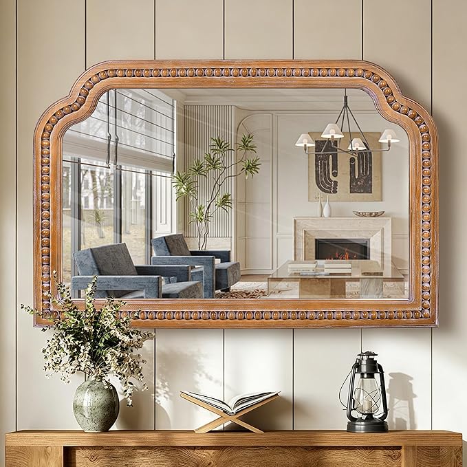 36x24 Inch Farmhouse Arch Wall Mirror, Wood Beaded Framed Decorative Mirrors for Living Room, Bedroom, Vanity, Bathroom, Entryway