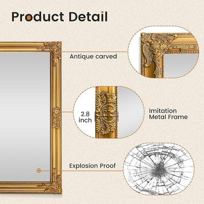 TRAHOME Vintage Gold Mirror for Wall, 30"x45" Antique Decorative Baroque Mirror with Imitation Metal Frame, Ornate Decorative Wall Mirror Decor for Entryway, Fireplace, Living Room, Hallway