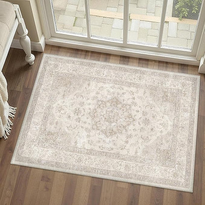 PureCozy Beige Area Rug 2x3 Washable Vintage Small Carpet for Entryway Kitchen Soft Retro Low Pile Thin Door Mat Non Slip Oriental Medallion Throw Rug for Bathroom Office Bedroom Dining Room