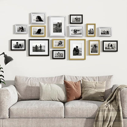 Venusmiles 15 Pack Picture Frames Collage Wall Decor, Gallery Frame Set for Wall Mounting or Tabletop Display, Multi Sizes Including 3pcs 8x10, 6pcs 5x7, 6pcs 4x6, Black+Silver+Gold