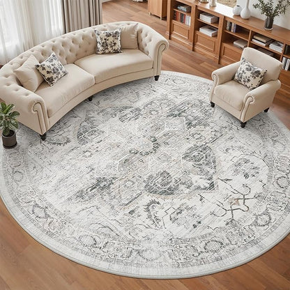 Washable 8ft Round Area Rug - Vintage Large Non-Slip Circle Rugs for Living Room, Low-Pile Stain Resistant Round Indoor Carpet for Bedroom Dining Room Ivory/Gray
