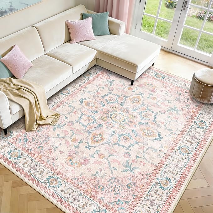 CAPALOCA Machine Washable Rugs Nursery Rug 9x12 Cute Girl Non Slip Low Pile Water Repellent Soft Print Pattern for Bedroom Indoor Decor Kids Playroom Pink Teal