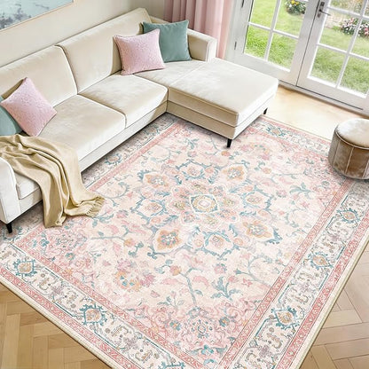 CAPALOCA Machine Washable Rugs Nursery Rug 9x12 Cute Girl Non Slip Low Pile Water Repellent Soft Print Pattern for Bedroom Indoor Decor Kids Playroom Pink Teal