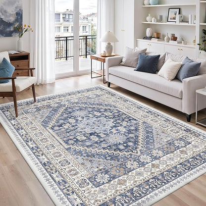 zesthome 7x9 Area Rug, Super Soft Washable Rugs for Living Room, Non-Slip Stain Resistant Vintage Rugs, Ultra-Thin Large Area Rugs (Blue/Beige,7'x9')