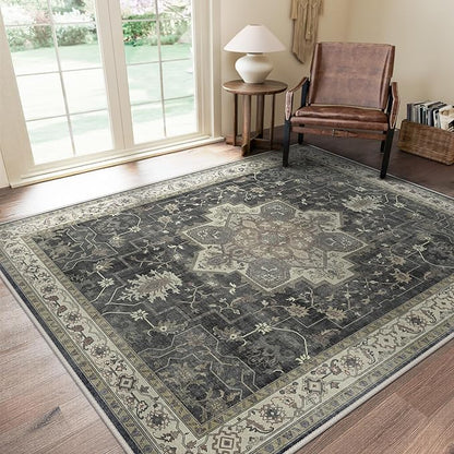GENIMO 5x7 Area Rugs for Living Room, Machine Washable Rug, Non Slip Indoor Vintage Rug, Low Pile Lightweight Chenille Print Carpet for Bedroom Dining Room Home Office, Muted Charcoal Beige