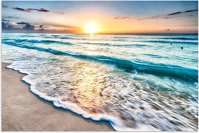 TutuBeer 1 Pcs Beach Wall Art Beach Pictures Ocean Pictures Wall Decor Blue Sea Sunset White Ocean Print on Canvas Seascape Canvas Art for Bedroom Home Decor Ready to Hang 20x30 inch