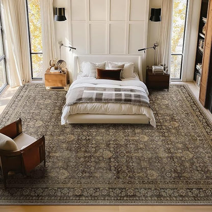 Washable 10x14 Area Rugs for Living Room, Boho Non-Slip Vintage Distress Large Rugs for Bedroom Dining Room Office, 0.3" Neutral Oriental Throw Thin Carpet, Red/Brown/Multi, C4
