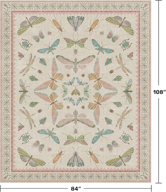 Hazo Haus 7x9 Cute Insect Rugs for Girls Bedroom - Pink and Blue Washable Floral Living Room Rugs, Dining Room Under Table, Insect Print Whimsical Indoor Décor, Low Pile & Soft