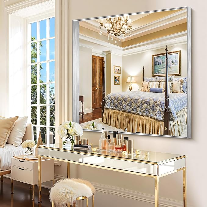 CIRCUMI Silver Bathroom Mirror, 42"x42" Rectangular Mirror with Deep Metal Frame, Brushed Finish, Tempered Glass, Mirror for Wall, Oversink, Bedroom, Installed Vertically/Horizontally, Crystal-Clear