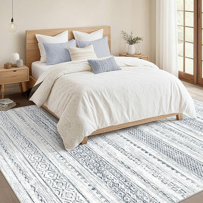 Nakagishi 9x12 Area Rugs Living Room: Washable Boho Large Neutral Soft Farmhouse Rug Stain Resistant Modern Indoor Floor Non-Slip Carpet for Bedroom Nursery Kids Playroom Office Dining Dorm-White Blue