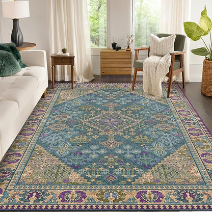 5x7 Area Rugs for Living Room, Machine Washable Low Pile Rug, Non Slip Backing Boho Rugs for Bedroom, Printed Soft Vintage Carpet Teal Green Purple 5 x 7