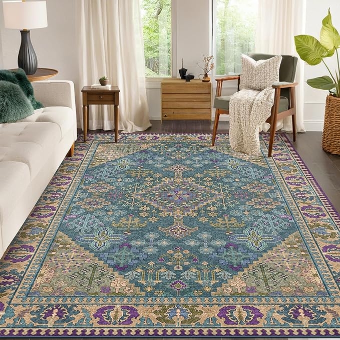 Kokia 4x6 Area Rugs for Living Room, Machine Washable Low Pile Rug, Non Slip Backing Boho Rugs for Bedroom, Printed Soft Vintage Carpet Teal Green Purple 4 x 6