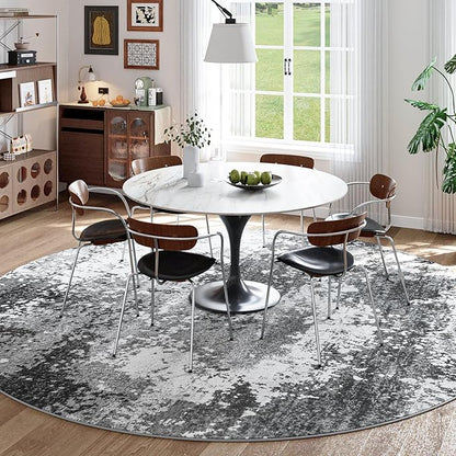 Washable 5 FT Round Rug Grey Circle Area Rugs for Entryway Kitchen, Non Slip Soft Low Pile Stain Resistant, Boho Circular Carpet for Living Room Bedroom Dorm Dining Room Table, Abstract Gray