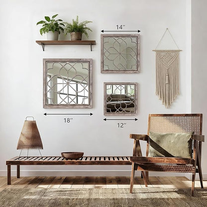Set of 2 18 Inch Large Square Brown Window Pane Wall Mirrors, Shatterproof Rustic Farmhouse Boho Vintage Accent Mirrors for Living Room, Bedroom, Bathroom, Entryway & Home Decor