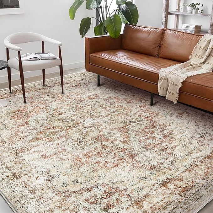 CHAMPLANT Washable Area Rug 9'x12' Retro Boho Design Non-Shedding Easy Care Ideal for High Traffic Areas in Living Room Bedroom Office Coffee Table Kitchen Large Carpet